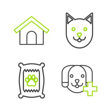 Set line Veterinary clinic symbol Bag of food for dog Cat and Dog house icon. Vector.