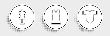 Set line Baby clothes Mannequin and Woman dress icon. Vector.