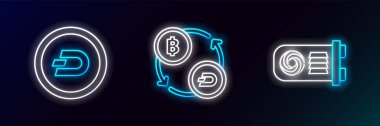 Set line Mining farm Cryptocurrency coin Dash and exchange icon. Glowing neon. Vector.