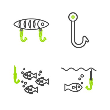 Balık oltasını balık ve yem ikonu ile suyun altına yerleştir. Vektör.