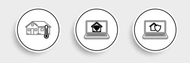 Set line Laptop with house under protection House temperature and smart home wi-fi icon. Vector.