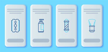 Set line Cream or lotion cosmetic tube Classic Barber shop pole Blade razor and Shaving brush icon. Vector.