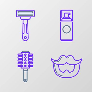 Set line Mustache and beard Hairbrush Shaving gel foam and razor icon. Vector.