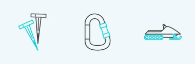 Set line Snowmobile Pegs for tents and Carabiner icon. Vector.