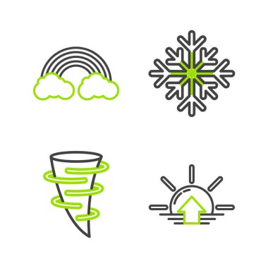 Set line Sunrise Tornado Snowflake and Rainbow with clouds icon. Vector.