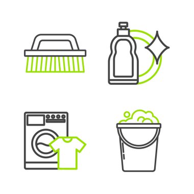 Set line Bucket with foam and bubbles Washer t-shirt Plastic bottles for liquid dishwashing liquid and Brush cleaning icon. Vector.
