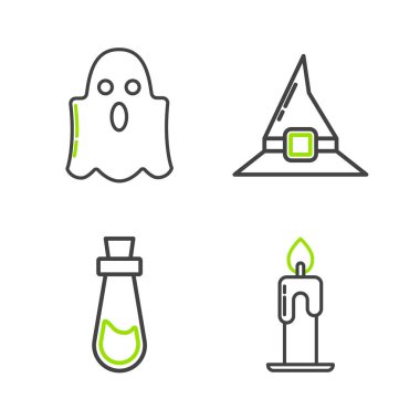 Set line Burning candle Bottle with potion Witch hat and Ghost icon. Vector.