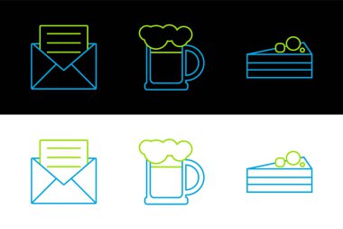 Set line Cake Envelope with invitation card and Wooden beer mug icon. Vector.