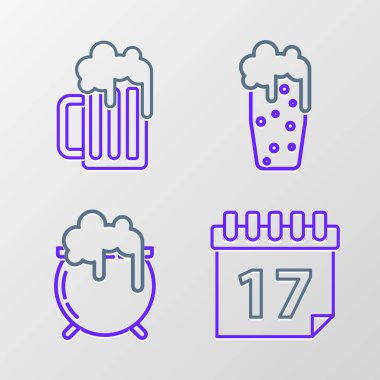 Set line Saint Patricks day with calendar Witch cauldron Glass of beer and Wooden mug icon. Vector.