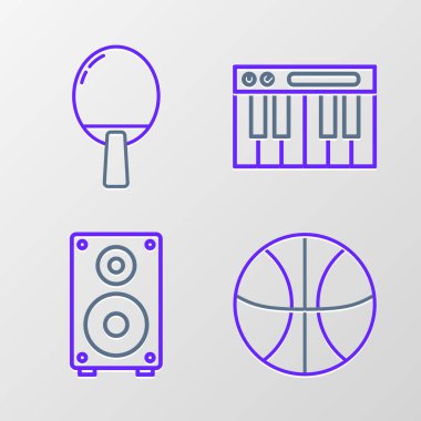 Set line Basketball ball Stereo speaker Music synthesizer and Racket for playing table tennis icon. Vector.