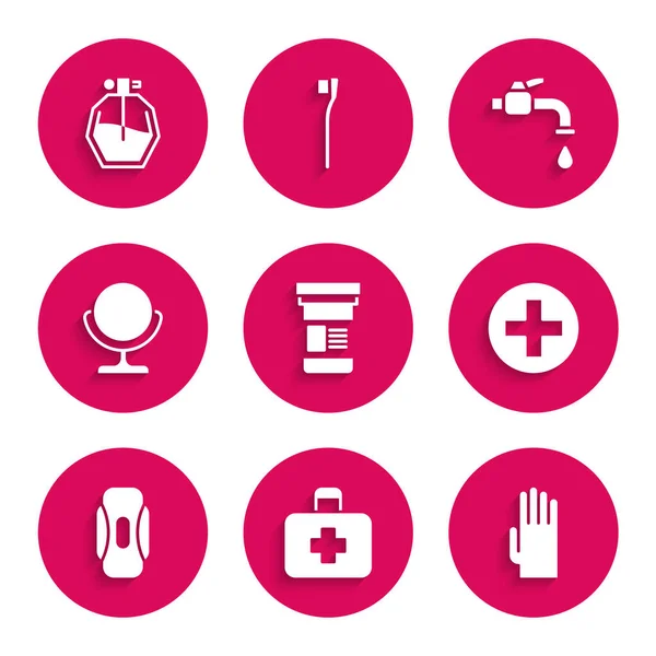Set Medicine Bottle First Aid Kit Rubber Gloves Cross Hospital — ストックベクタ