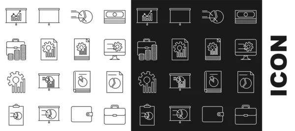 Set Line Briefcase Document Graph Chart Computer Monitor Pie Infographic — Archivo Imágenes Vectoriales