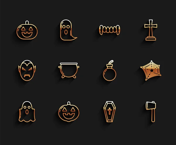 Set Line Ghost Pumpkin Coffin Christian Cross Wooden Axe Halloween — Image vectorielle