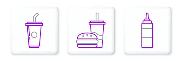 Set Line Sauce Bottle Paper Glass Drinking Straw Water Burger — Stockvektor