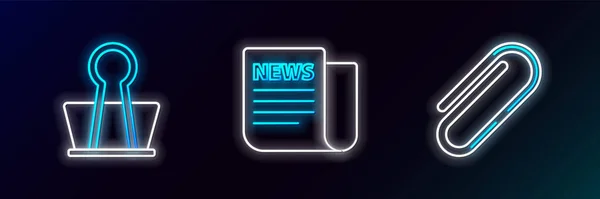 Set Line Paper Clip Binder News Icon Glowing Neon Vector — Stock Vector