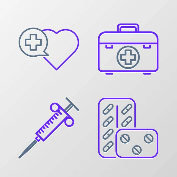 Set Line Pills Blister Pack Syringe First Aid Kit Heart — Stock vektor
