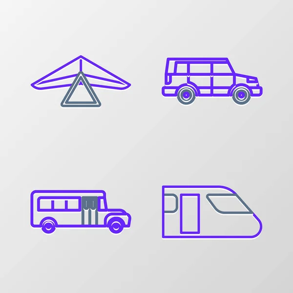 Set Line Train School Bus Road Car Hang Glider Icon — Image vectorielle