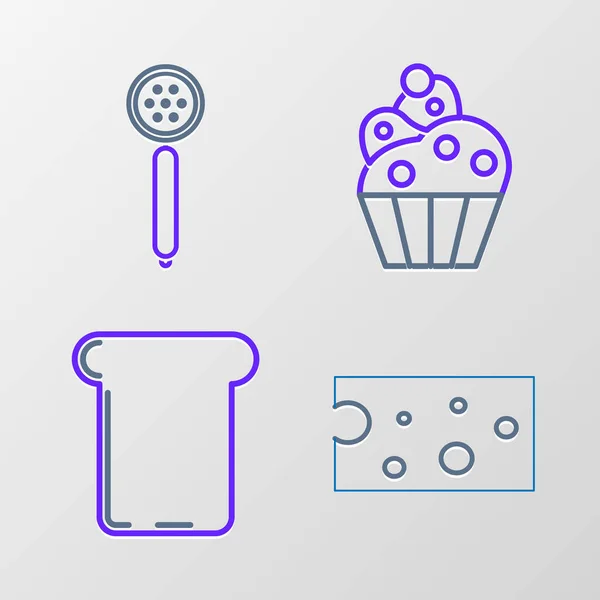 Set Line Cheese Bread Toast Cupcake Strainer Spoon Icon Vector — 스톡 벡터