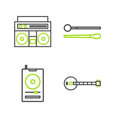 Set line Banjo Music player Drum sticks and Home stereo with two speakers icon. Vector.