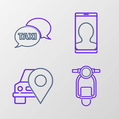 Set line Scooter Map pointer with taxi Taxi call telephone service and icon. Vector.