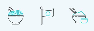 Set line Rice in a bowl with chopstick Asian noodles and chopsticks and National flag of Japan on pole icon. Vector.