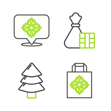 Set line Christmas paper shopping bag tree Gift box and and Snowflake with speech bubble icon. Vector.