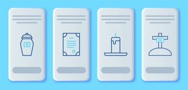 Set line Death certificate Burning candle Funeral and Grave with cross icon. Vector.
