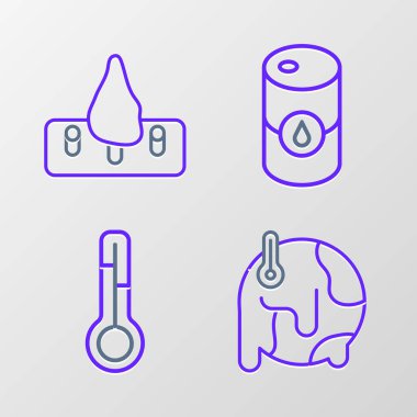 Set line Global warming Meteorology thermometer Barrel oil and Deforestation icon. Vector.
