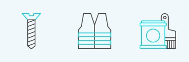 Set line Paint bucket and brush Metallic screw and Safety vest icon. Vector.