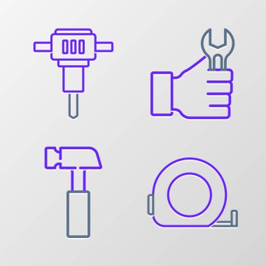 Set line Roulette construction Hammer Wrench spanner and Construction jackhammer icon. Vector.