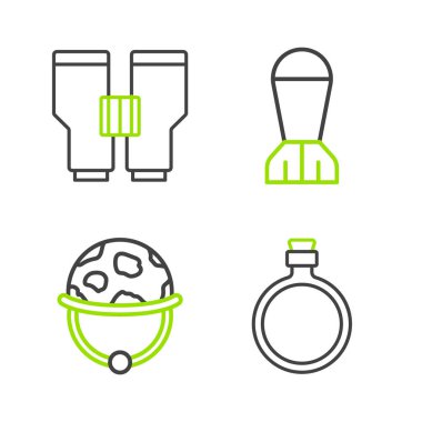 Set line Canteen water bottle Military helmet Aviation bomb and Binoculars icon. Vector.