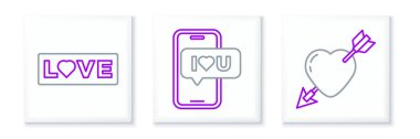 Set line Amour with heart and arrow Love text and Mobile icon. Vector.