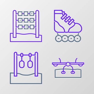 Set line Seesaw Gymnastic rings Roller skate and Tic tac toe game icon. Vector.