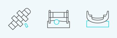 Set line Boat swing Hopscotch and Volleyball net with ball icon. Vector.