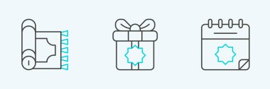 Set line Ramadan calendar Traditional carpet and Gift box icon. Vector.