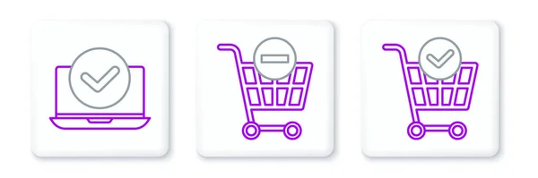 Set Line Shopping Cart Check Mark Laptop Remove Shopping Icon — Stock Vector