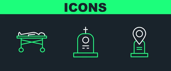 Set Line Location Grave Dead Body Morgue Grave Tombstone Icon — Wektor stockowy