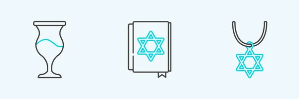 Set Line Star David Necklace Chain Jewish Goblet Torah Book — Stock vektor
