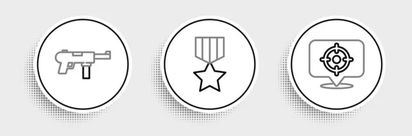 Set Line Target Sport Submachine Gun Military Reward Medal Icon — Stock Vector