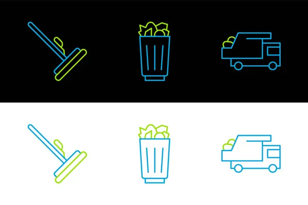Set Line Garbage Truck Mop Full Trash Can Icon Vector — Stock vektor