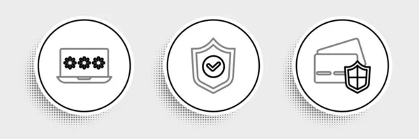 Set Line Credit Card Shield Laptop Password Shield Check Mark — Image vectorielle