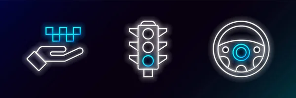 Set Line Steering Wheel Hand Taxi Traffic Light Icon Glowing — 스톡 벡터