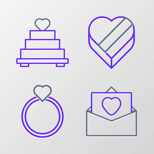 Set Line Envelope Valentine Heart Wedding Rings Candy Shaped Box — Stockvektor