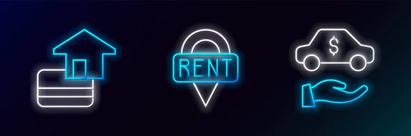 Set Line Car Rental Credit Card Location Key Icon Glowing — Stockvektor