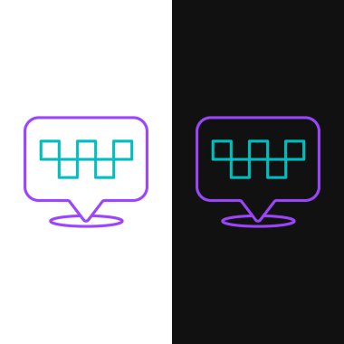 Beyaz ve siyah arkaplanda izole edilmiş taksi simgesi olan çizgi haritası işaretçisi. Konum sembolü. Renkli taslak konsepti. Vektör.