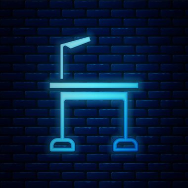 Glowing neon Pet grooming table icon isolated on brick wall background. Vector.