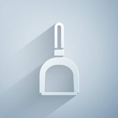 Kağıt kesiği faraş simgesi gri arkaplanda izole edildi. Temizlik işleri. Kağıt sanatı tarzı. Vektör.