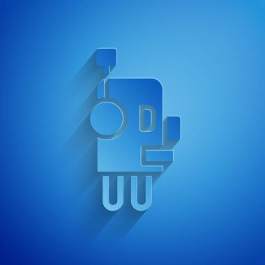 Kağıt kesiği robot simgesi mavi arkaplanda izole edilmiş. Yapay zeka, makine öğrenme, bulut hesaplama. Kağıt sanatı tarzı. Vektör.