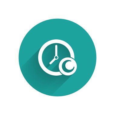 Beyaz uyku zamanı uzun gölgeli izole edilmiş ikon. Uykulu Zzzz. Sağlıklı bir yaşam tarzı. Yeşil daire düğmesi. Vektör.