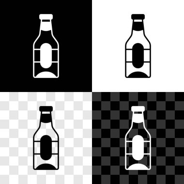 Bira şişesi simgesini siyah beyaz, şeffaf arkaplanda izole et. Vektör.
